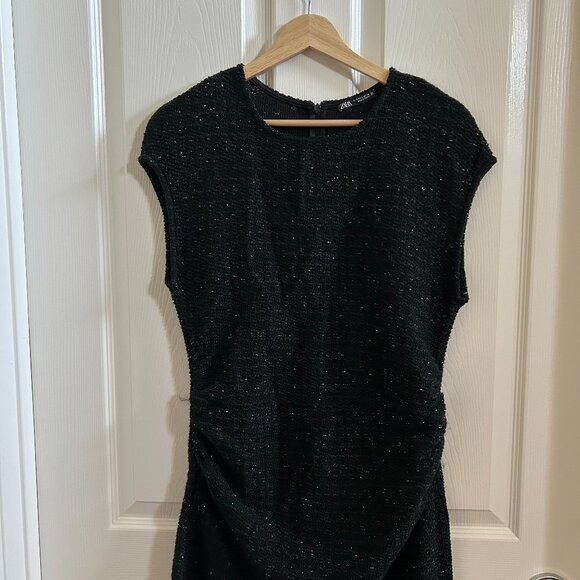 Zara Black Shiny Metallic Thread Midi Dress Ruched Waist Short Sleeve SZ L - Picture 3 of 6
